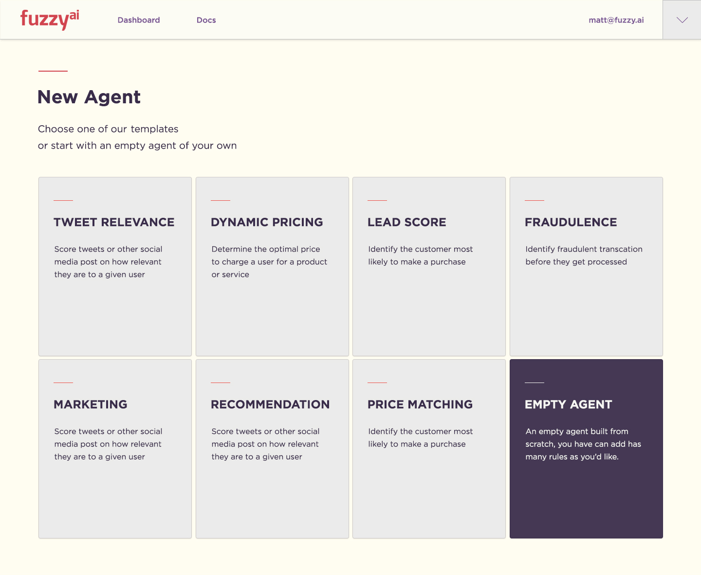 Available templates for creating new Fuzzy.ai agents
